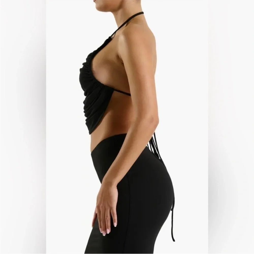 NWOT Naked Wardrobe Black Shirred Apron Tie Back Halter Top - Picture 2 of 6